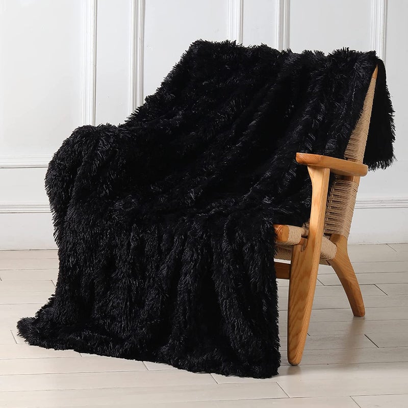 Tuddrom Decorative Extra Soft Faux Fur Blanket Twin Size 70" x78",Reversible Fuzzy Lightweight Long Hair Shaggy Fleece Blanket,Fluffy Cozy Plush Comfy Microfiber Throw Blanket for Couch Sofa Bed,Black - Image 1